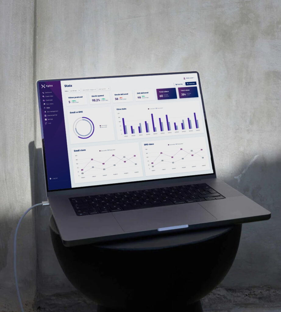 A laptop showing a data dashboard in the Xydus video platform web app