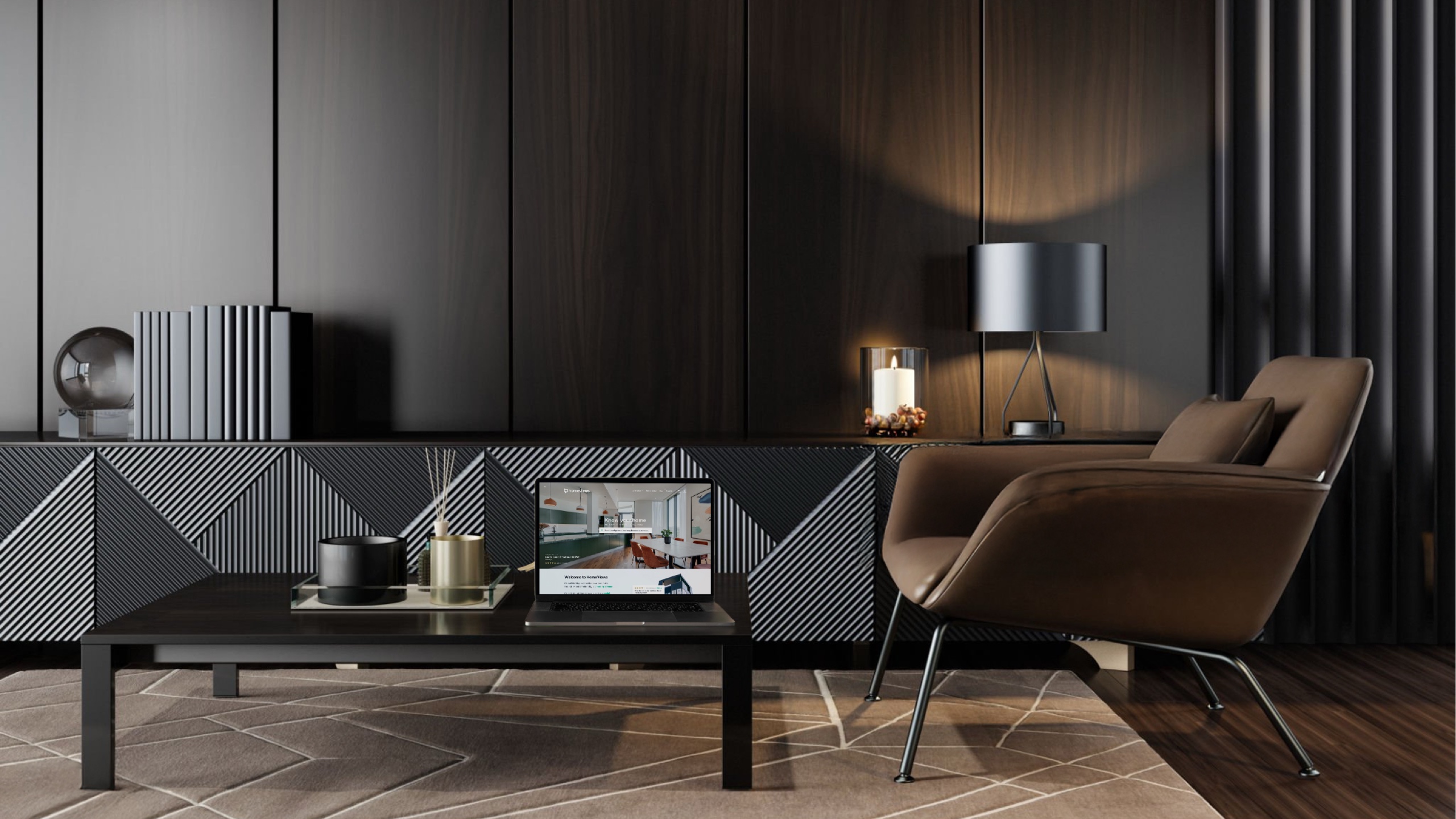 A luxurious office setting with laptop on a desk, showing the HomeViews platform