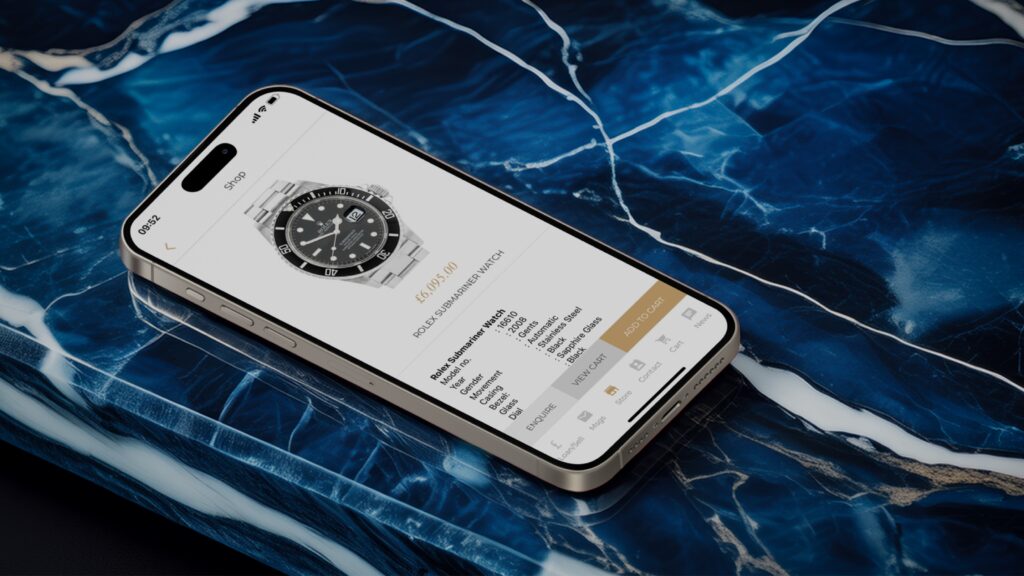 Generative AI extended product mockup showing Rolex watch ecommerce app on smartphone with realistic background