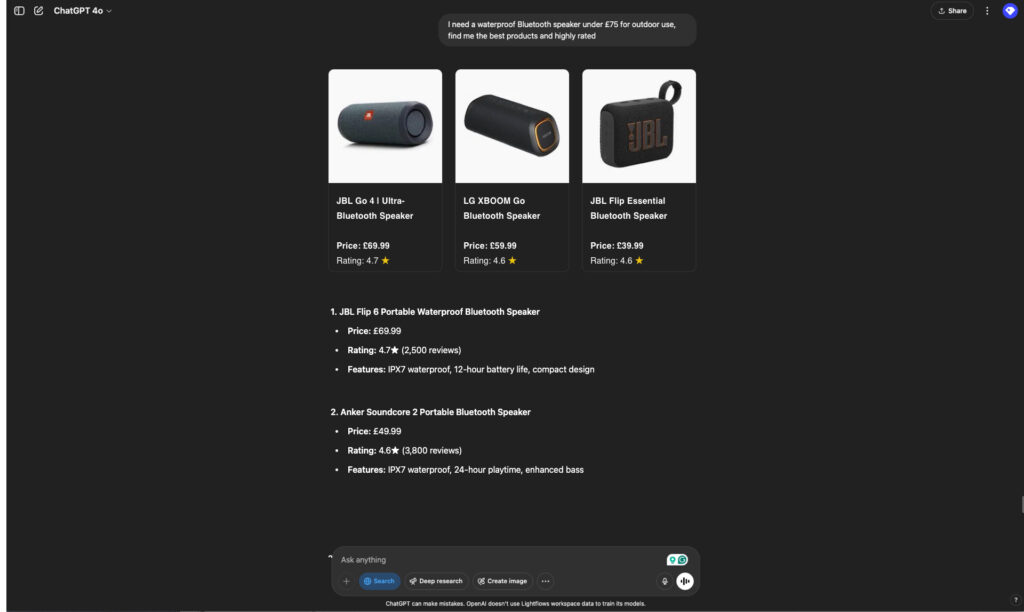An image showing products in a ChatGPT interface.