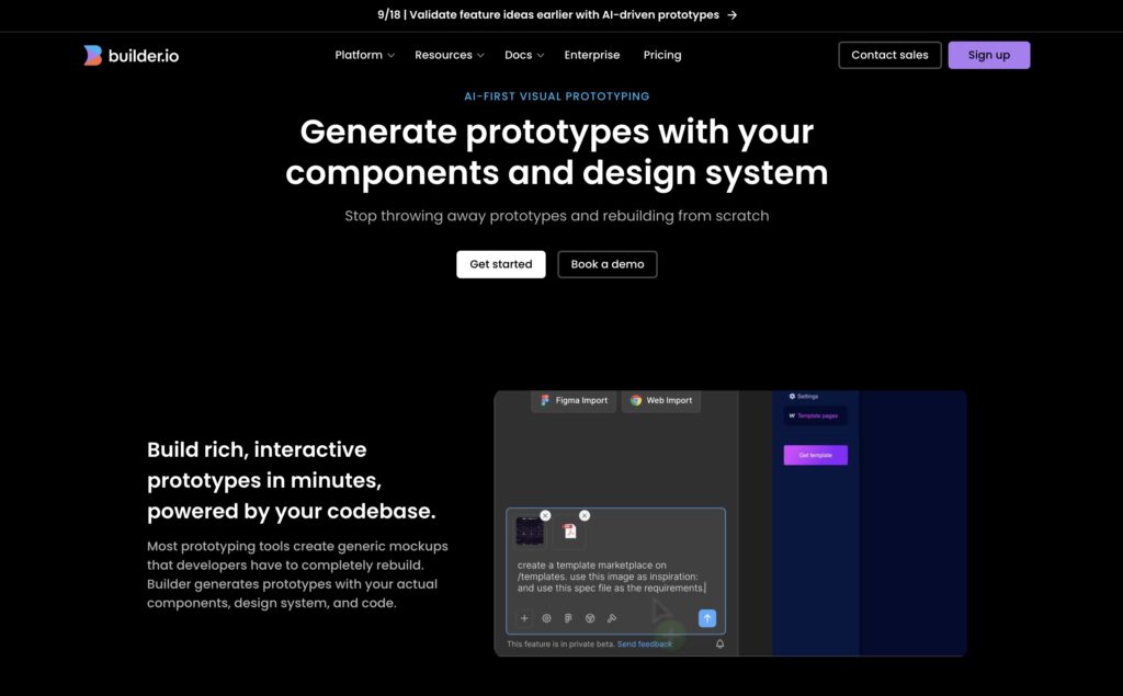 Builder.io AI-first prototyping tool for generating interactive prototypes with design systems and code components