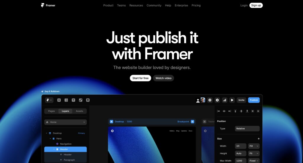 Framer website builder interface for designers with live editing, publishing, and modern web design tools