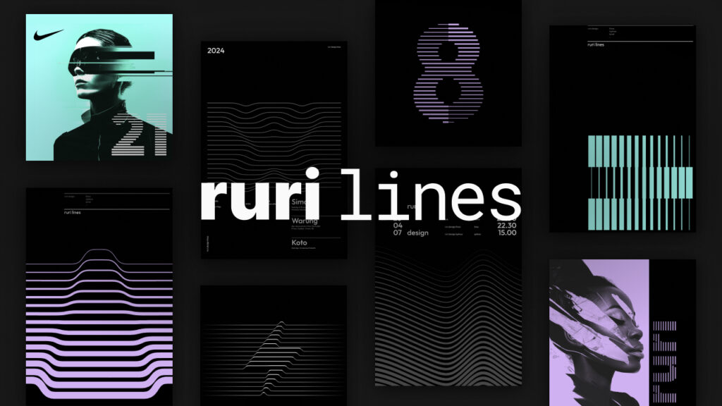 Ruri Lines graphic design tool showcasing futuristic layouts, abstract line art, and modern typography for web design 2025