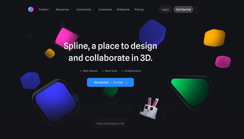 Spline 3D web design tool homepage with interactive shapes and modern UI, best design software 2025
