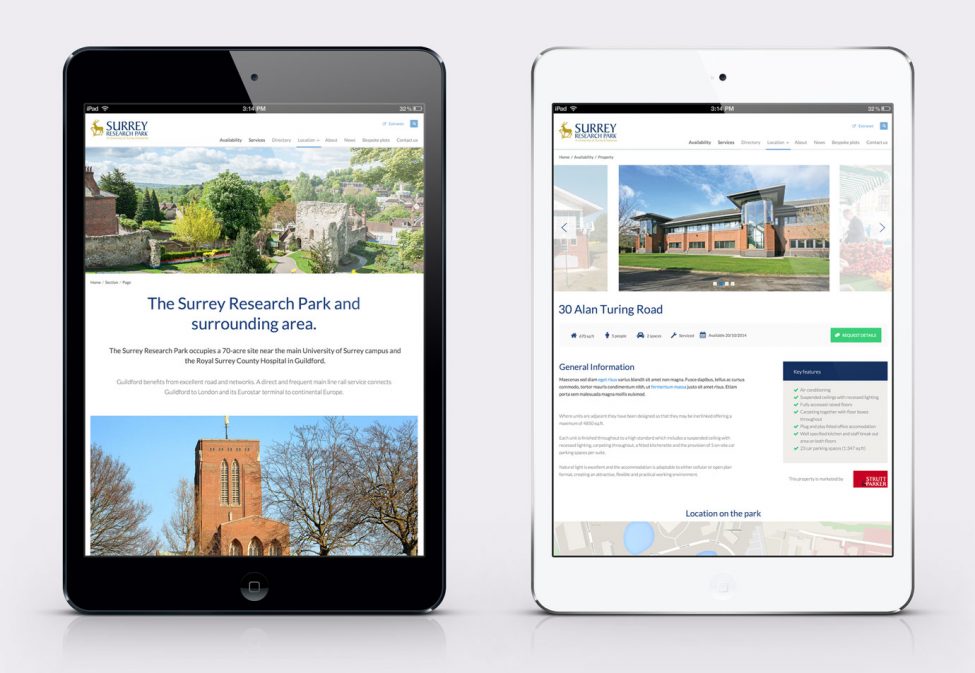 Surrey Research Park website running on two iPads