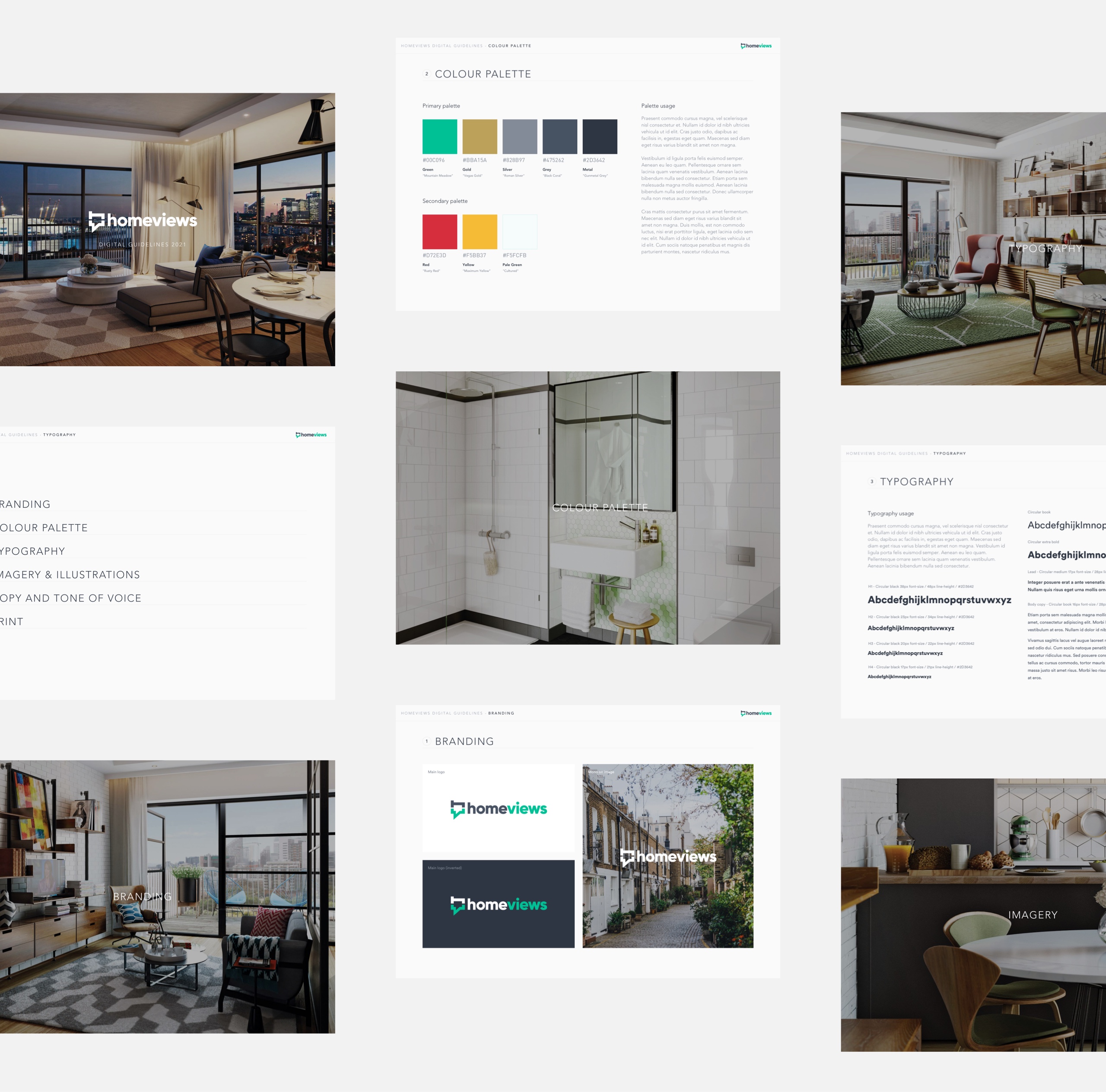 Screenshots of pages from the Homeviews digital brand guidelines