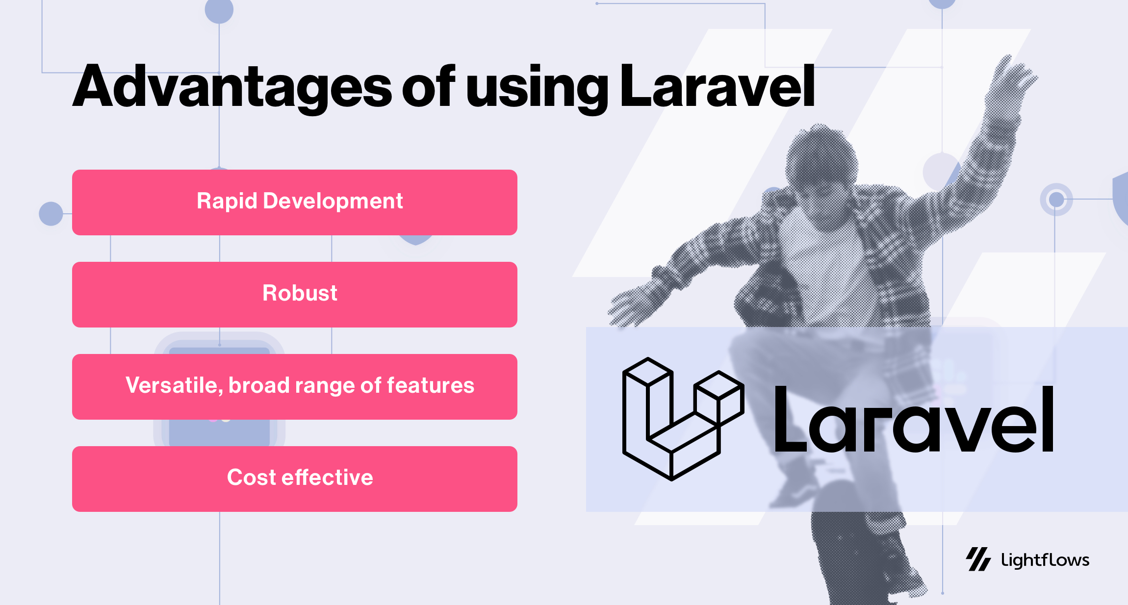 Image showing the pros of Laravel: Robust, Cost-Effective, Great community